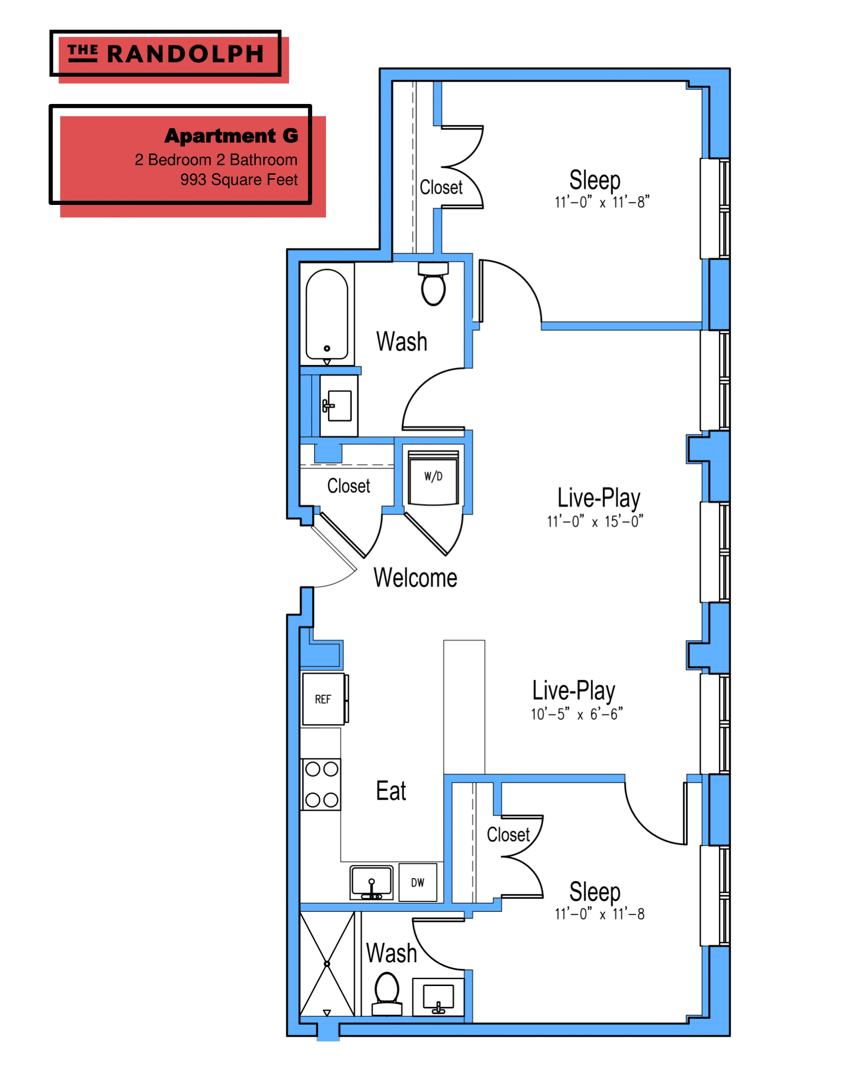 Floor plan for 2 beds, 2 baths, 993 sqft